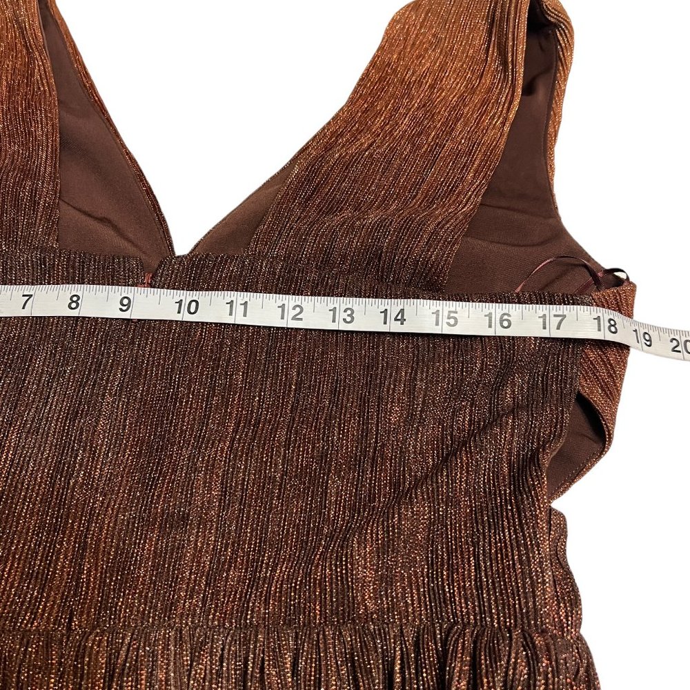 Dress the Population Brown Gold Pleated Metallic Midi Dress L Sleeveless Party - Picture 8 of 10